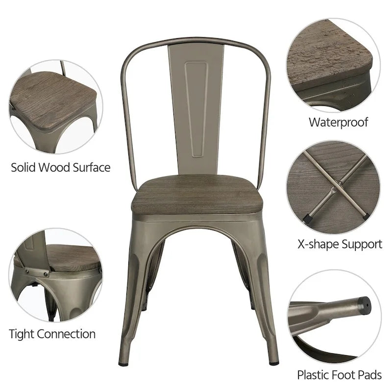 Yaheetech Lot de 4 Chaises de Salle à Manger en Métal avec Siège en Bois Chaises Empilables