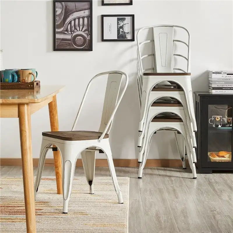 Yaheetech Lot de 4 Chaises de Salle à Manger en Métal avec Siège en Bois Chaises Empilables