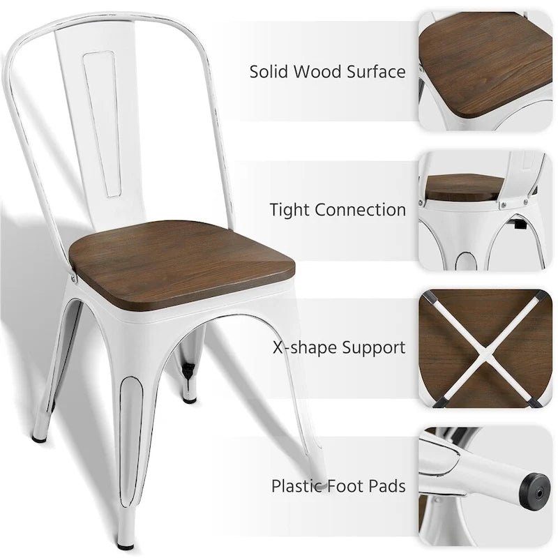 Yaheetech Lot de 4 Chaises de Salle à Manger en Métal avec Siège en Bois Chaises Empilables