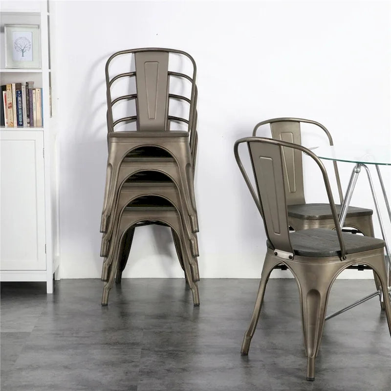 Yaheetech Lot de 4 Chaises de Salle à Manger en Métal avec Siège en Bois Chaises Empilables