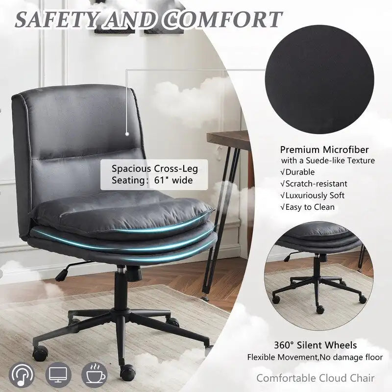 Chaise de bureau pivotante sans accoudoirs en tissu polyester rembourrée avec roulettes