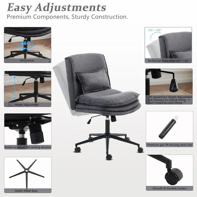 Chaise de bureau pivotante sans accoudoirs en tissu polyester rembourrée avec roulettes