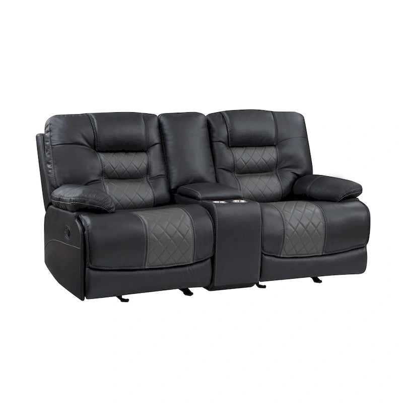 Causeuse inclinable manuelle Liam 77 pouces, console avec porte-gobelets, similicuir gris