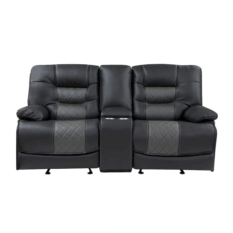 Causeuse inclinable manuelle Liam 77 pouces, console avec porte-gobelets, similicuir gris