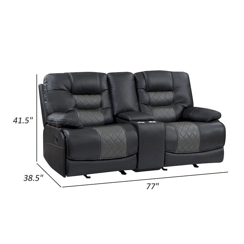 Causeuse inclinable manuelle Liam 77 pouces, console avec porte-gobelets, similicuir gris