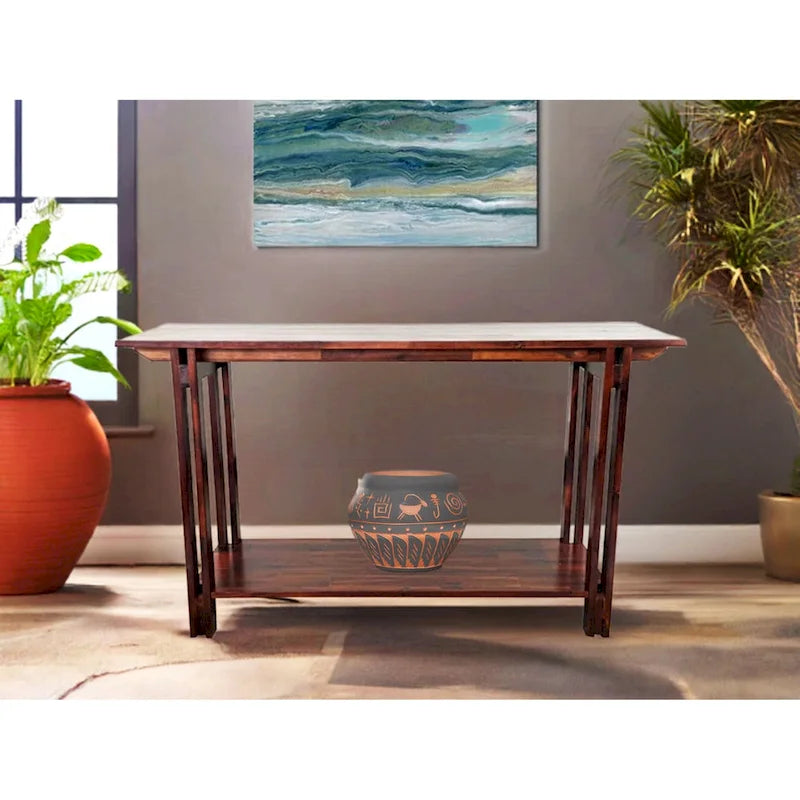 Console de table architecturale en bois d'acacia avec étagère