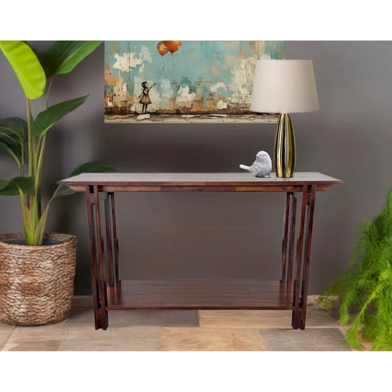 Console de table architecturale en bois d'acacia avec étagère