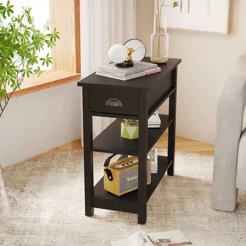 Table d'appoint étroite avec tiroirs et plateau relevable