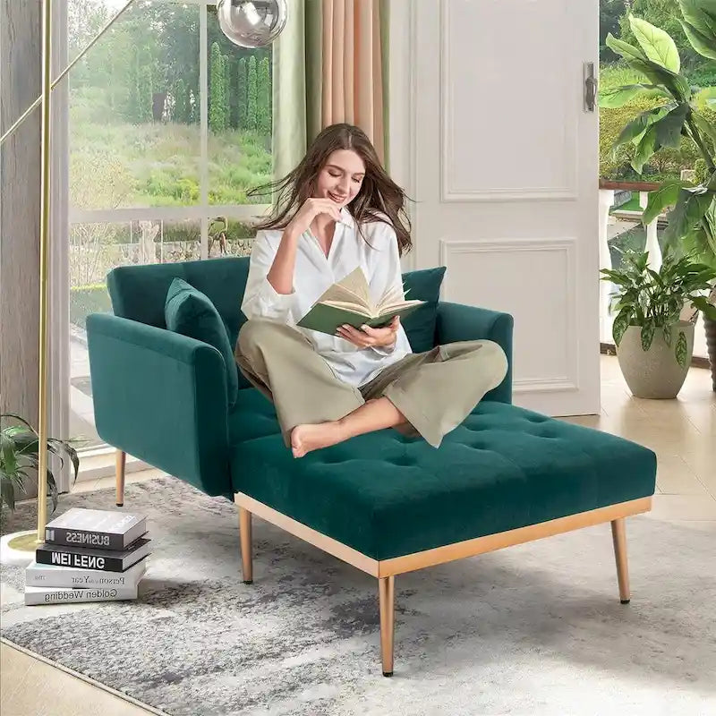 Chaise Longue d'Intérieur, Fauteuil Convertible 2 en 1 en Velours avec Ottomane, Chaise Longue avec Dossier Inclinable Réglable