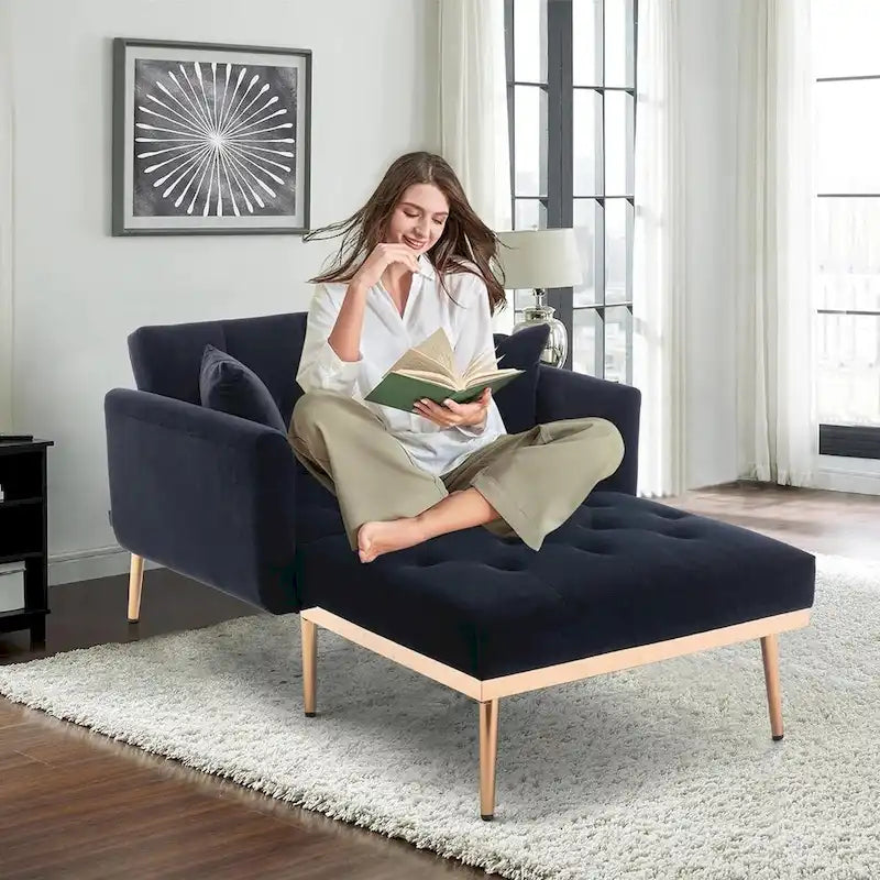 Chaise Longue d'Intérieur, Fauteuil Convertible 2 en 1 en Velours avec Ottomane, Chaise Longue avec Dossier Inclinable Réglable