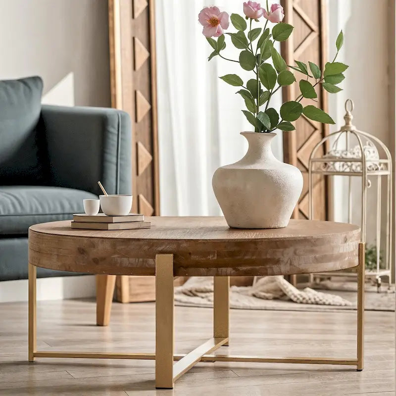 Table basse ronde avec pieds croisés dorés – Plateau en bois de sapin, 2 à 4 places