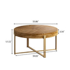 Table basse ronde avec pieds croisés dorés – Plateau en bois de sapin, 2 à 4 places