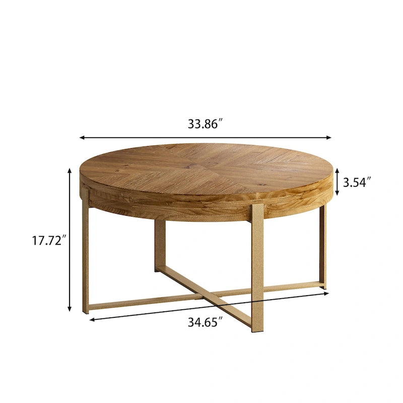 Table basse ronde avec pieds croisés dorés – Plateau en bois de sapin, 2 à 4 places