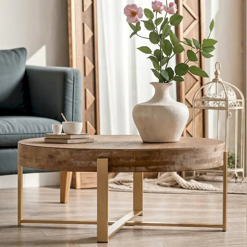 Table basse ronde avec pieds croisés dorés – Plateau en bois de sapin, 2 à 4 places