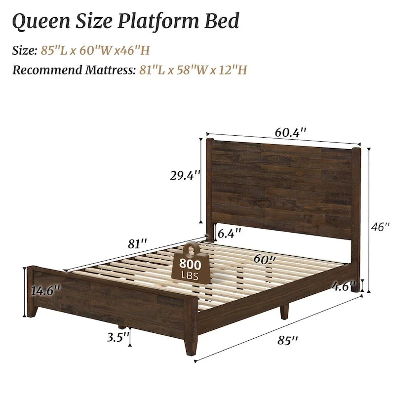 Lit plateforme en pin avec tête de lit aspect vieilli, Cadre de lit double/queen/king en bois massif