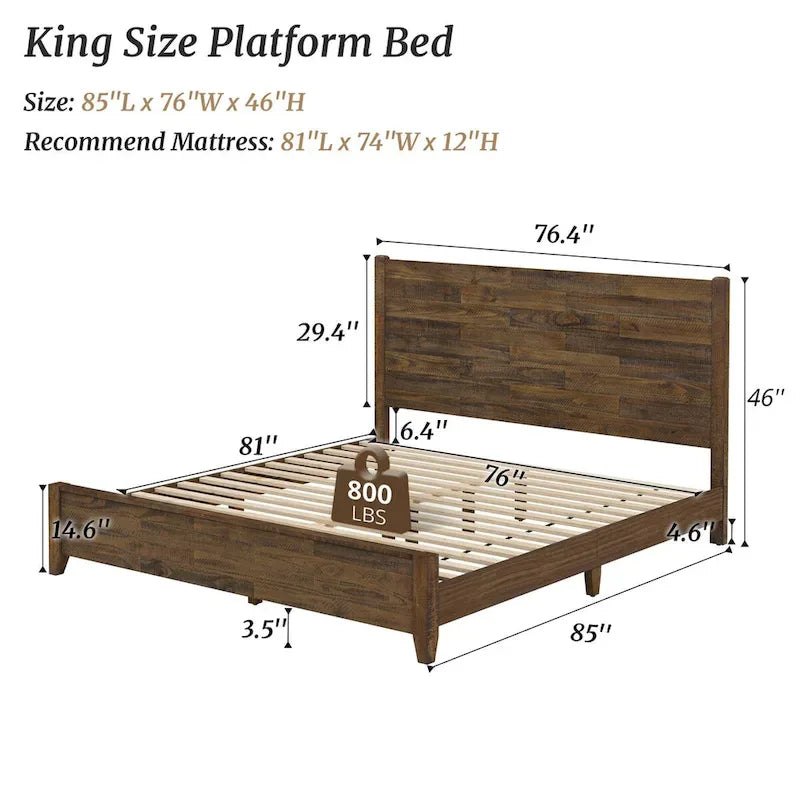 Lit plateforme en pin avec tête de lit aspect vieilli, Cadre de lit double/queen/king en bois massif