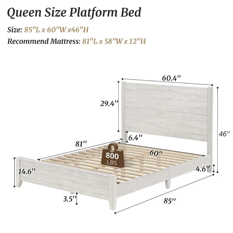 Lit plateforme en pin avec tête de lit aspect vieilli, Cadre de lit double/queen/king en bois massif