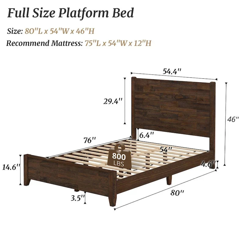 Lit plateforme en pin avec tête de lit aspect vieilli, Cadre de lit double/queen/king en bois massif