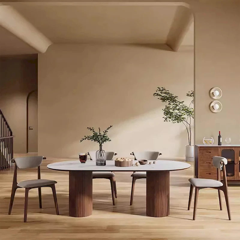 Table à manger rectangulaire moderne 71, plateau en pierre, pieds en bois