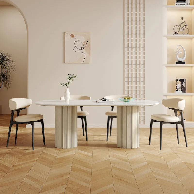 Table à manger rectangulaire moderne 71, plateau en pierre, pieds en bois