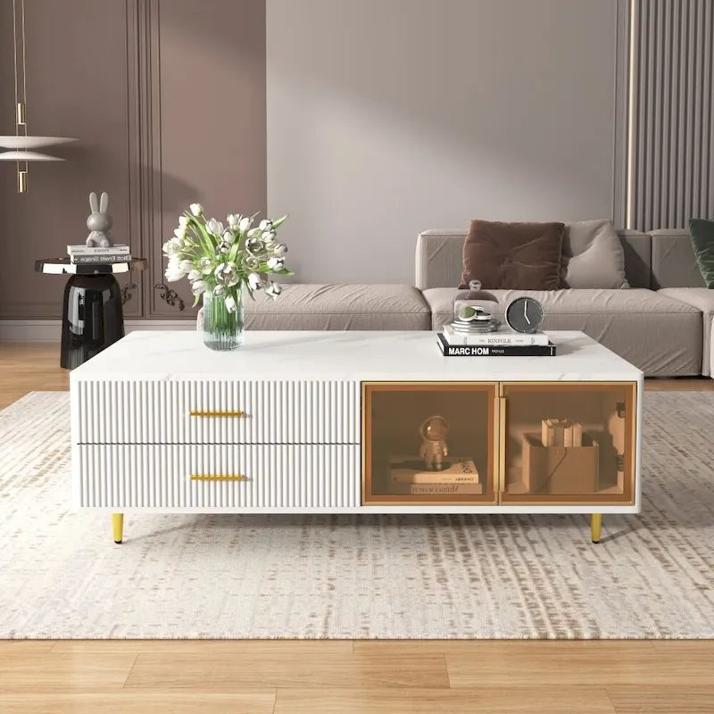 Table basse moderne avec 2 portes vitrées de rangement et 4 tiroirs