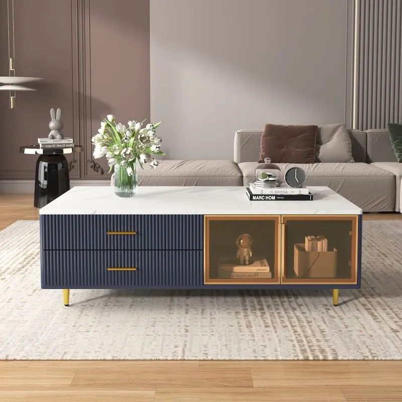Table basse moderne avec 2 portes vitrées de rangement et 4 tiroirs