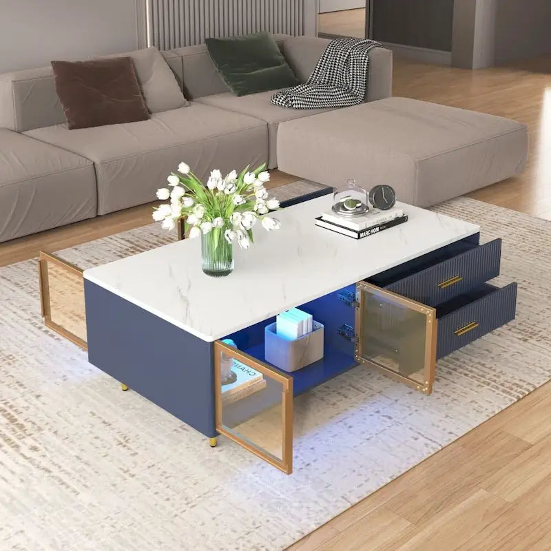 Table basse moderne avec 2 portes vitrées de rangement et 4 tiroirs