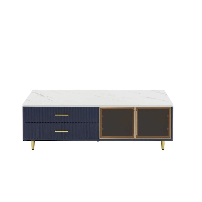 Table basse moderne avec 2 portes vitrées de rangement et 4 tiroirs