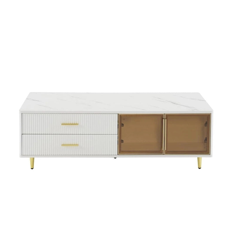 Table basse moderne avec 2 portes vitrées de rangement et 4 tiroirs